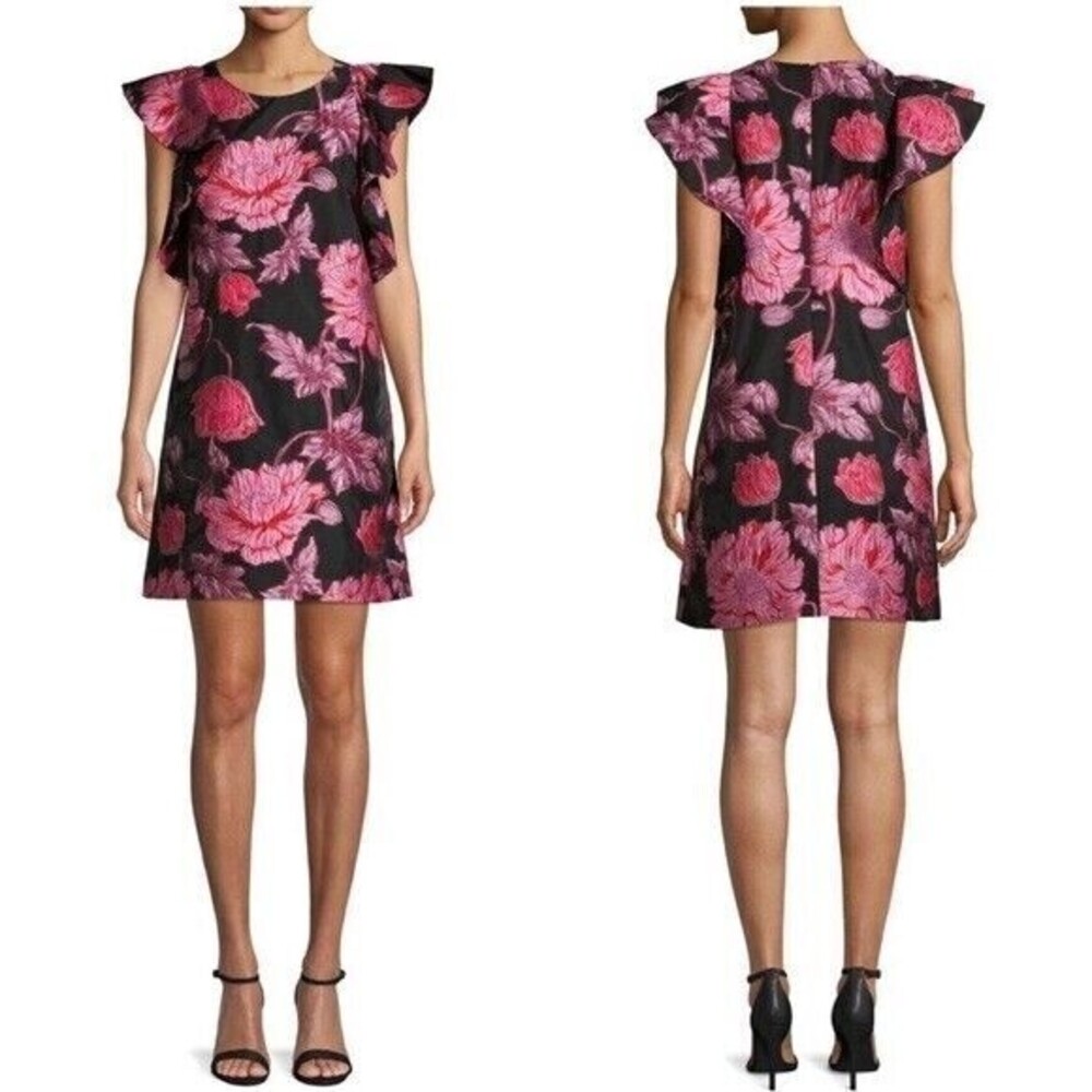 Belle Badgley Mischka Shift Dress Women 0 Floral Jacquard Ruffle Pink Cocktail